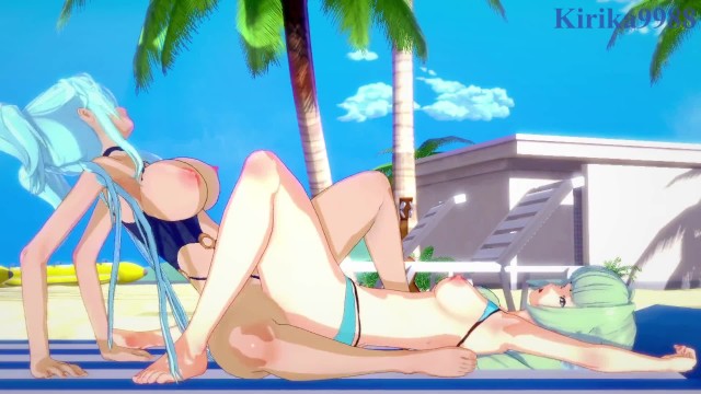 Saint-Germain and Cagliostro engage in intense lesbian play on the beach. - Symphogear Hentai