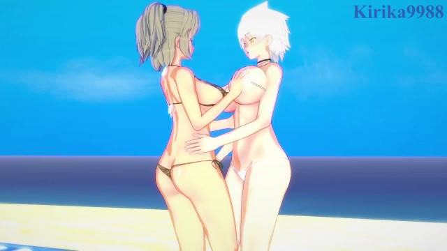 Imu and Miyabi engage in intense lesbian play on the beach. - Senran Kagura Hentai