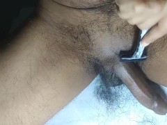 Cum on male cock hair while shaving 