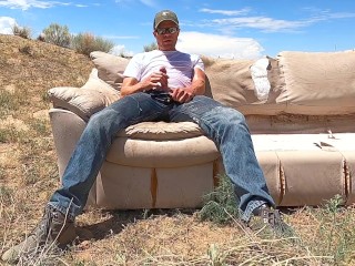 Public jeans wetting and cumshot on_an abandoned couch