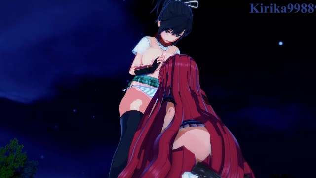 Asuka and Crimson Homura engage in intense lesbian play in a park at night. - Senran Kagura Hentai
