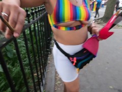 Wife under boob see through shorts at PRIDE parade