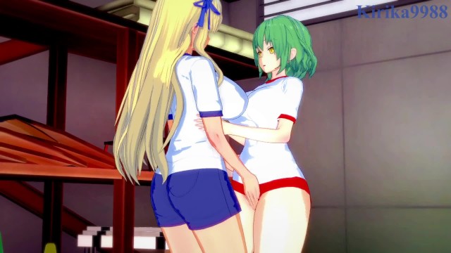 Hikage and Katsuragi engage in intense lesbian play in the warehouse. - Senran Kagura Hentai