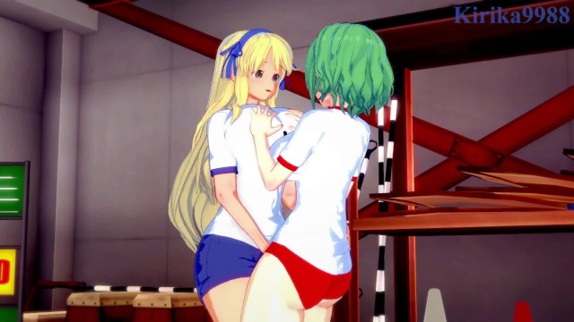 Hikage and Katsuragi engage in intense lesbian play in the warehouse. - Senran Kagura Hentai