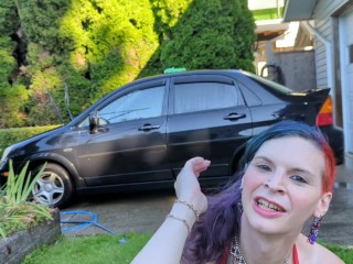 Sexy t4t trans woman washes her filthy car for the hungering maw of capitalism witha big glass_plug