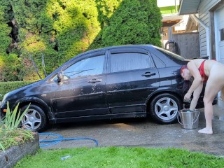 Sexy t4t trans woman washes her filthy car for the hungering maw of capitalism with_a big glass_plug