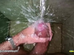 No hands water masturbation. Letting the stream of water fall on my big uncut cock until I cum