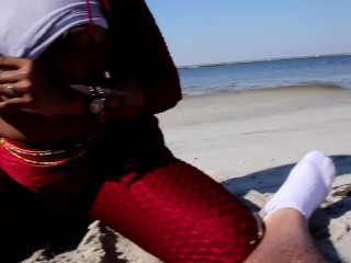 Honey Dipped Cream gives epic head_bobbing blowjob to thick whitedick in public on beach