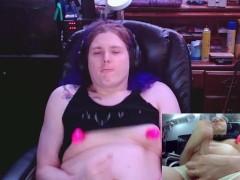 Trans tgirl streamer gamer girl plays with clit stick. Dabs.Gets sweaty trying to cum a second time