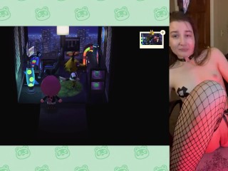 cute bunny gamer girl (me)playing animal crossing and showing off her innie_pussy