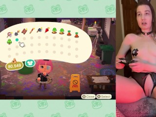 cute bunny gamer girl (me) playing animal crossing and_showing off her innie pussy