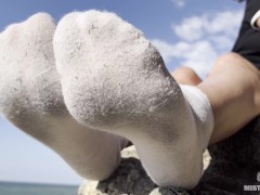 Sexy Feet In Dirty and Terry White Socks Teasing On The Seashore To The Sound Of The Surf