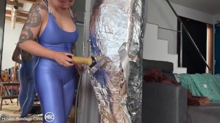 Aluminum Foil Duct Tape Mummification, Rubber Mask and Pink Zentai Suit Rubber Dick Blowjob!