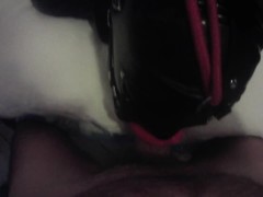 Milf hogtied in latex and high heels with a lip open mouth gag POV. Great mouth fucking action