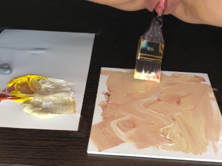 Pussy Painter. Painting art with brush inside wet_pussy until shaking orgasm