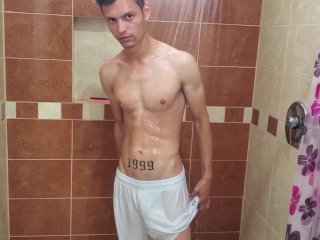 Hot Guy Jerks Off His Uncut Cock In The Shower And Cums Sweetly