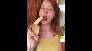 Petite She Sexually Eats A Banana While Exposing Her Breasts