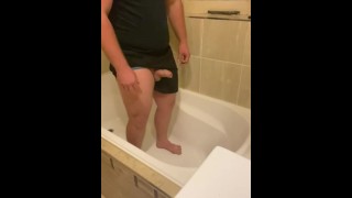 Pee Guy Is Desperately Trying To Hold His Pee In The Bathtub While Leaking And Losing Control