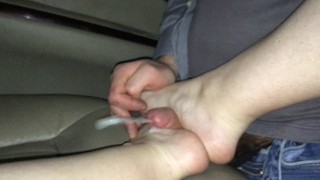 Footjob In Boyfriend's Car Step Sister's Feet And Soles Were Fucked And She Had A Cum On Her Leg