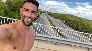 Exhibitionist A Fit Man Goes Naked On A Bridge Next To A Highway
