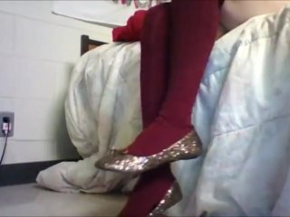 Red Thigh High Socks With Gold Flats Frieda Ann Foot Fetish