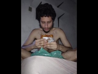 Man With Fat Fetish Eating Hot Dog In His Room