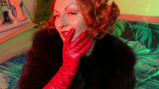 ASMR Video Close Up With FUR And Long Red Leather Gloves With Arya