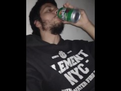 Bearded faggot drinking soda and burmping off 