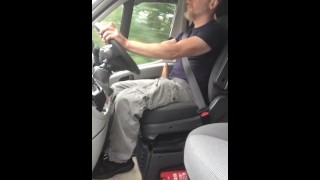 While Driving A Muscular Trucker Jerks Off And Cums