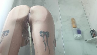 Tattoos Squished Up Pre-Shower Piss Against The Glass