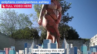 Sexy giantess Ashley destroys a city looking for her boyfriend (SFX)