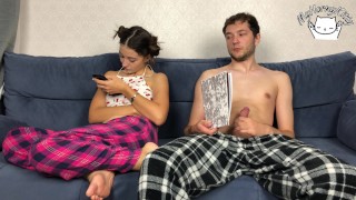 Step Brother Secretly Jerking Off Close To Step Sister But She Caught Him! they CUM at THE SAME TIME
