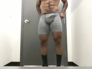 Muscular Male Has Huge Cumshot In Dressing Room