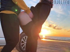 magical sunset sex at the beach - risky public quickie with girl in tight yoga leggings