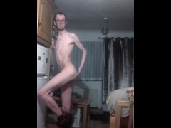 Skinny British chav sneaks into the kitchen to stretch and finger himself while step dad is upstairs