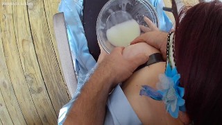 Hubby whips and milks my taped up tits