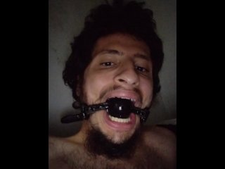 Gagged Boy Spitting In Himself While Wanking His Big Cock