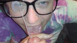 MILF Liza Smears Huge Cumshot From My Cock All Over Her Face And Glasses
