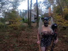 Giant fake tits cross dresser naked and exposed in a public wood masturbating cum shot