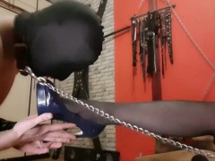 The slave sniffs and kisses the armpits and boobs of the Dominatrix. Mistress takes off her bra
