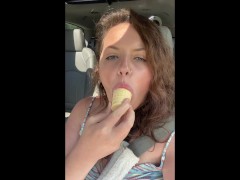 Nasty girl licks ice cream in the car