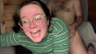 Cute young brunette with big tits cums on camera for the first time and LOVES it