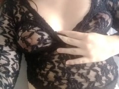 See trough lace lingerie top - sexy dark hard nipples under clothes - puffy perky tits natural boobs