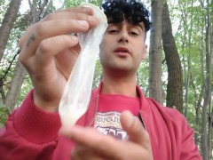 Playing with cruiser´s used condom in mouth and eating his cum after cruising