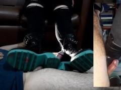 BBW Stepmother makes stepson cums only with the weight of her heavy combat boots using him as carpet