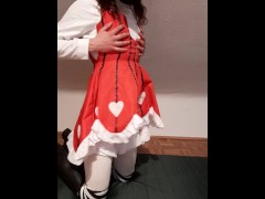 Young trans girl masturbates in cute anime dress rubberboots and gasmask with vibrator