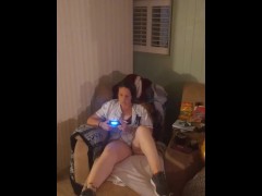 Gamer Girl Playing Video Games In Bra and Panties