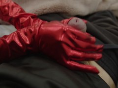 Cum Twice with Glossy Red Gloves Handjob on Christmas