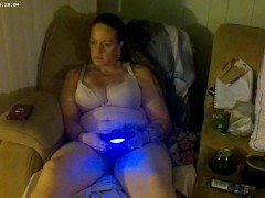 Busty Long Hair Brunette In Bra and Panties Playing PlayStation