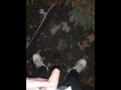 Skater jerking off in the park at night